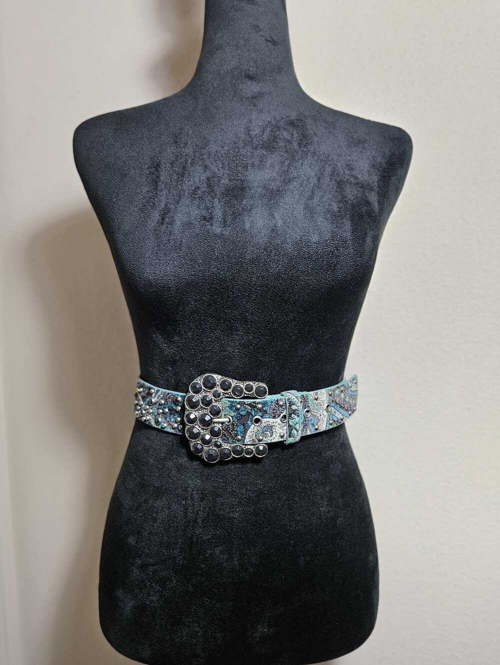 Vintage Y2K Rhinestone Western Belt Boho Paisley Tapestry Turqoise Studded Sz S